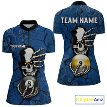 Load image into Gallery viewer, Cracked Blue Skeleton 8 Ball &amp; 9 Ball Billiard Shirt For Women Custom Pool Billiard Polo &amp; 1/4 Zip Jersey NYN3144