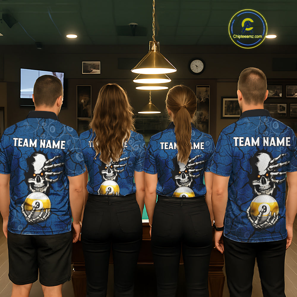 Cracked Blue Skeleton 8 Ball & 9 Ball Billiard Shirt For Men Custom Pool Billiard Polo & 1/4 Zip Jersey NYN3144