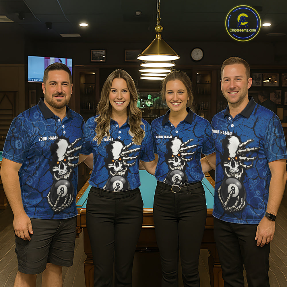 Cracked Blue Skeleton 8 Ball & 9 Ball Billiard Shirt For Men Custom Pool Billiard Polo & 1/4 Zip Jersey NYN3144