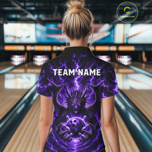 Load image into Gallery viewer, Female bowler wearing Purple Thunder Dragon bowling jersey personalized custom bowling league uniform