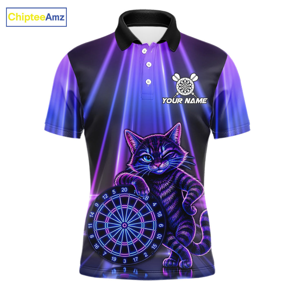 Custom Neon Purple Blue Funny Cat Men's Dart Polo Shirt, Personalized Funny Cat Dart Tournament Jersey, Athletic Team Apparel