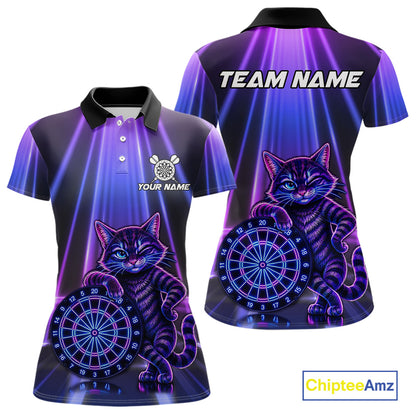 Custom Neon Purple Blue Funny Cat Women's Dart Polo Shirt, Personalized Dart Team Jersey, Cute Cat Dartboard Tournament Apparel, Performance Polo, League Uniform, Neon Sportswear, Precision, Team Spirit, Funny Animal Theme