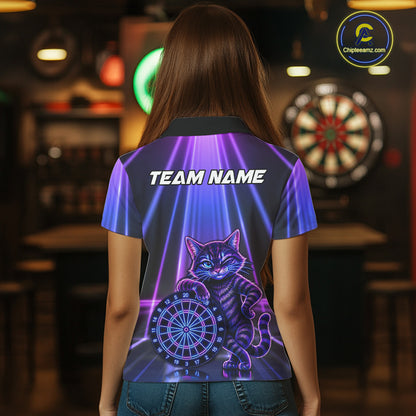 Female model wearing Neon Funny Cat dart polo during league tournament, personalized dart apparel, cat lover sports fashion, confidence, fun competition