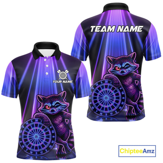 Custom Neon Purple Blue Funny Raccoon Men's Dart Polo Shirt, Personalized Dart League Jersey, Athletic Apparel