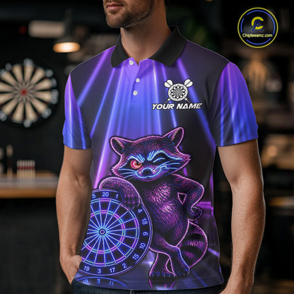 Male model wearing Neon Funny Raccoon dart polo during competition, cartoon dart jersey, athletic lifestyle