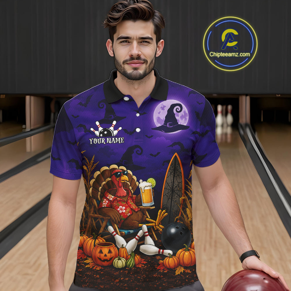 Personalized Halloween Bowling Turkey Shirt For Men Funny Beer Turkey Custom Name Bowling Jersey NYN4242