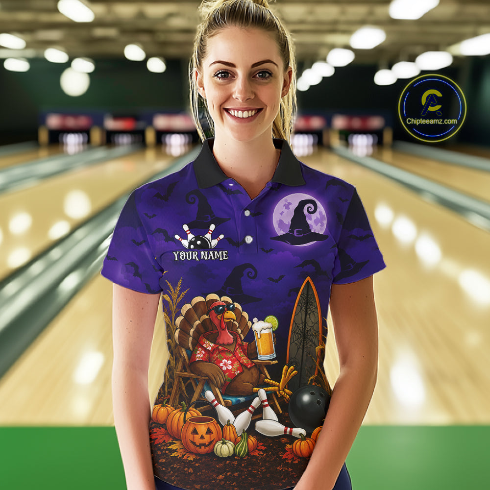 Personalized Halloween Bowling Turkey Shirt For Women Funny Beer Turkey Custom Name Bowling Jersey NYN4242