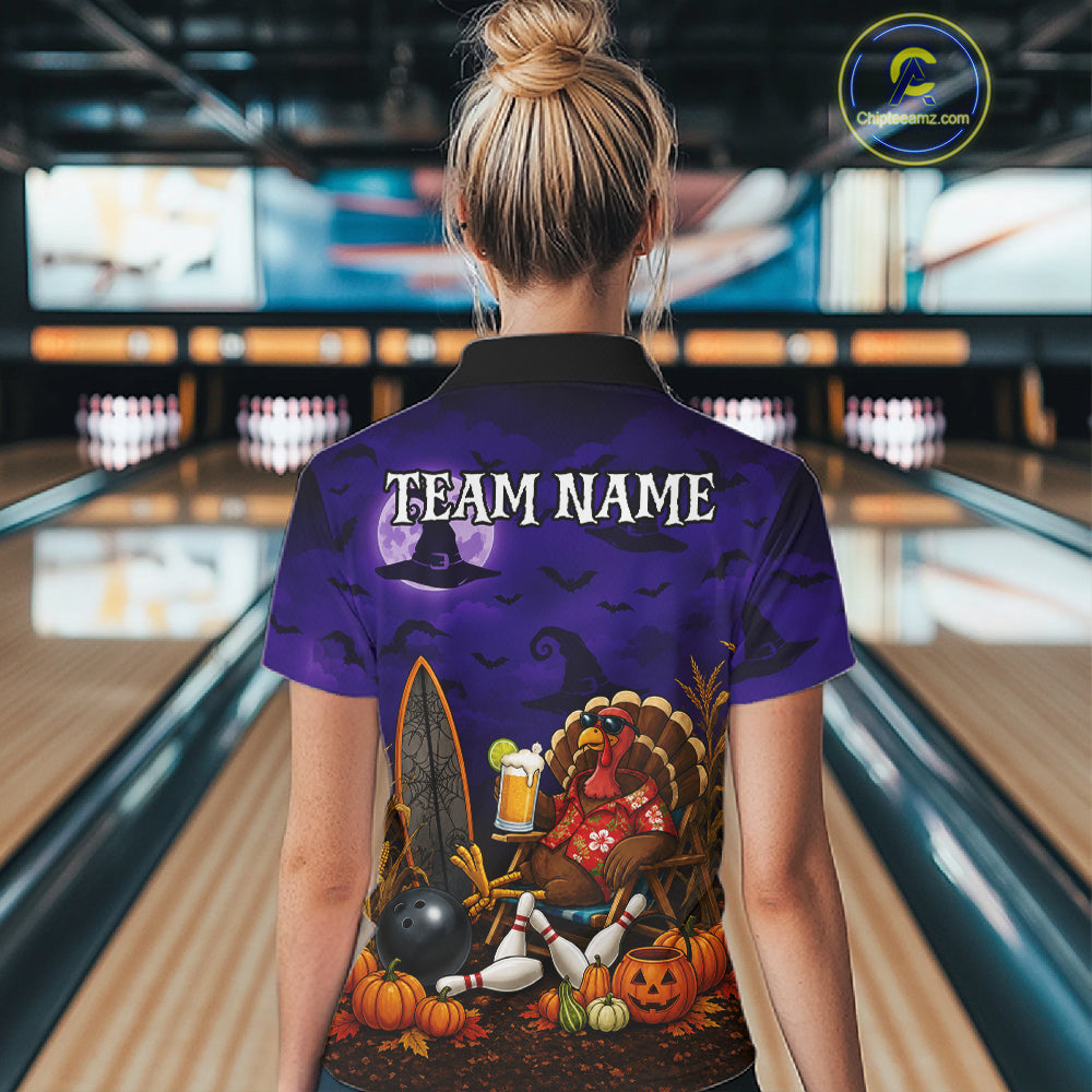 Personalized Halloween Bowling Turkey Shirt For Women Funny Beer Turkey Custom Name Bowling Jersey NYN4242