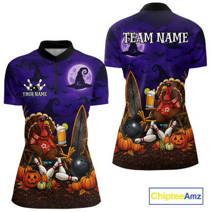 Personalized Halloween Bowling Turkey Shirt For Women Funny Beer Turkey Custom Name Bowling Jersey NYN4242