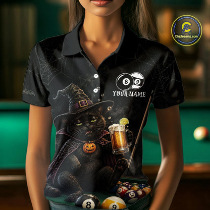 Personalized Funny Cat 8 Ball & 9 Ball Pool Halloween Women Billiard Shirt Custom Pumpkin Billiard Jersey  NYN4245