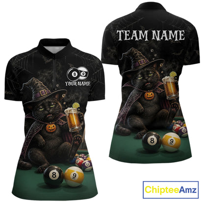 Personalized Funny Cat 8 Ball & 9 Ball Pool Halloween Women Billiard Shirt Custom Pumpkin Billiard Jersey  NYN4245