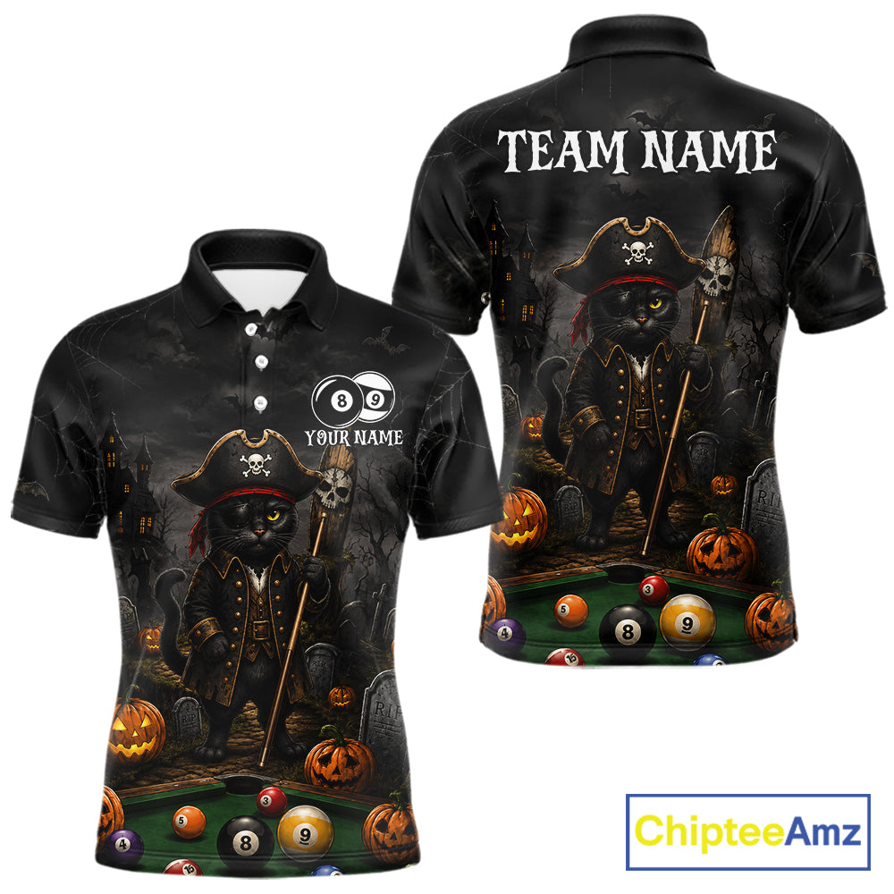 Halloween Pool Billiard Polo 1/4-Zip Shirt Custom Pirate Cat  8 & 9 Ball Jersey, Billiards Shirt For Men NYN4246