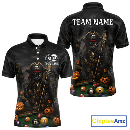 Halloween Pool Billiard Polo 1/4-Zip Shirt Custom Pirate Cat  8 & 9 Ball Jersey, Billiards Shirt For Men NYN4246