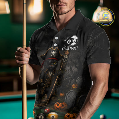Halloween Pool Billiard Polo 1/4-Zip Shirt Custom Pirate Cat  8 & 9 Ball Jersey, Billiards Shirt For Men NYN4246