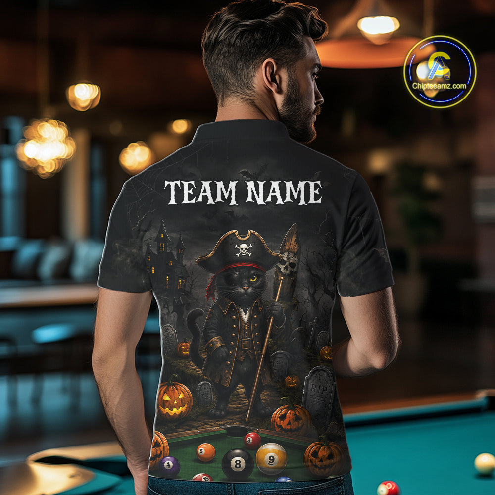 Halloween Pool Billiard Polo 1/4-Zip Shirt Custom Pirate Cat  8 & 9 Ball Jersey, Billiards Shirt For Men NYN4246
