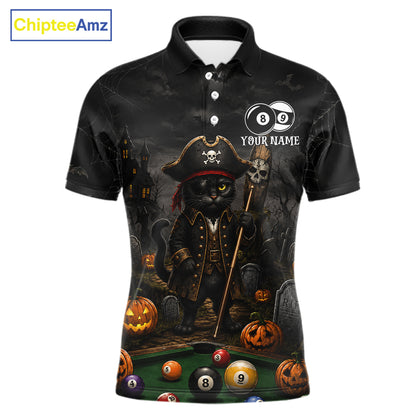Halloween Pool Billiard Polo 1/4-Zip Shirt Custom Pirate Cat  8 & 9 Ball Jersey, Billiards Shirt For Men NYN4246