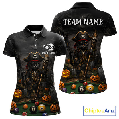 Halloween Pool Billiard Polo 1/4-Zip Shirt Custom Pirate Cat 8 & 9 Ball Jersey, Billiards Shirt For Women NYN4246