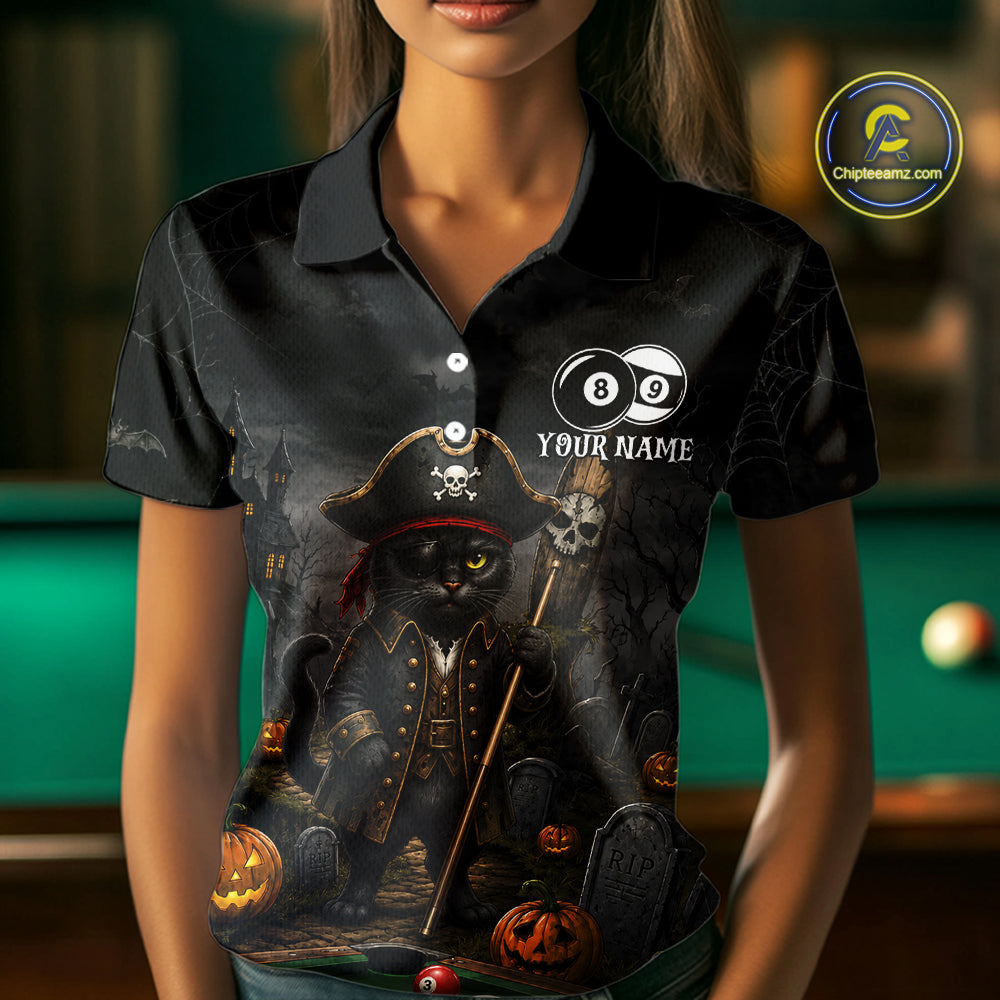 Halloween Pool Billiard Polo 1/4-Zip Shirt Custom Pirate Cat 8 & 9 Ball Jersey, Billiards Shirt For Women NYN4246