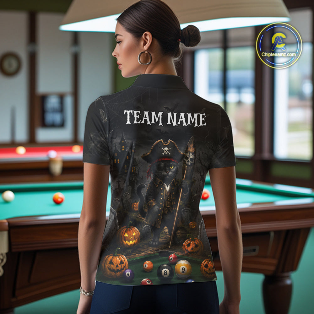 Halloween Pool Billiard Polo 1/4-Zip Shirt Custom Pirate Cat 8 & 9 Ball Jersey, Billiards Shirt For Women NYN4246
