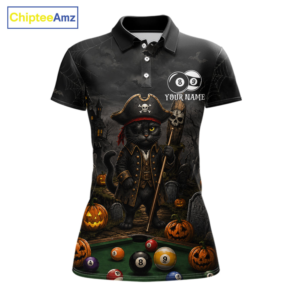 Halloween Pool Billiard Polo 1/4-Zip Shirt Custom Pirate Cat 8 & 9 Ball Jersey, Billiards Shirt For Women NYN4246