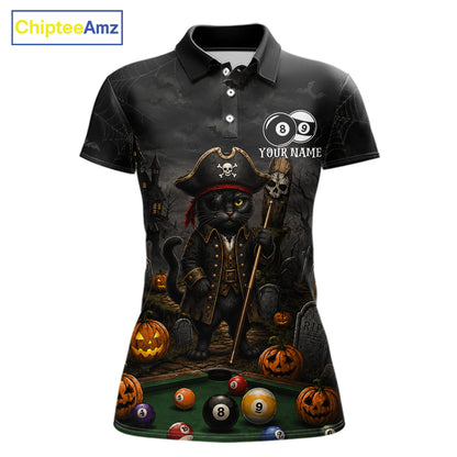 Halloween Pool Billiard Polo 1/4-Zip Shirt Custom Pirate Cat 8 & 9 Ball Jersey, Billiards Shirt For Women NYN4246