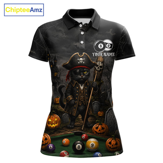 Halloween Pool Billiard Polo 1/4-Zip Shirt Custom Pirate Cat 8 & 9 Ball Jersey, Billiards Shirt For Women NYN4246
