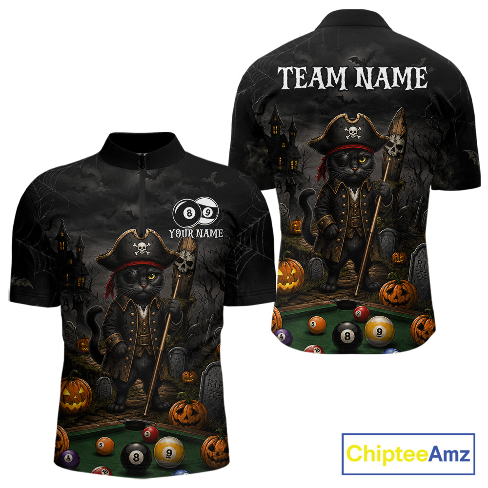 Halloween Pool Billiard Polo 1/4-Zip Shirt Custom Pirate Cat  8 & 9 Ball Jersey, Billiards Shirt For Men NYN4246