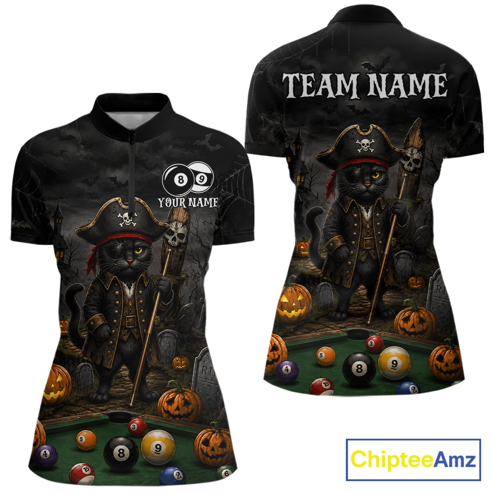Halloween Pool Billiard Polo 1/4-Zip Shirt Custom Pirate Cat 8 & 9 Ball Jersey, Billiards Shirt For Women NYN4246