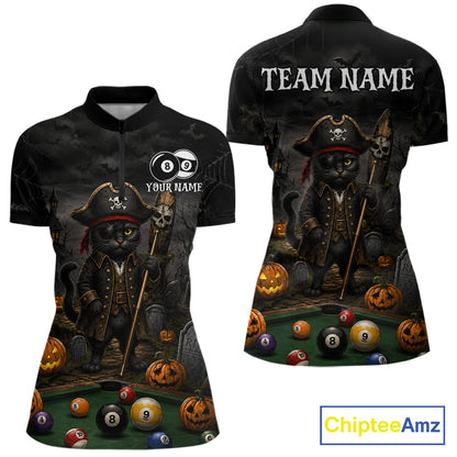 Halloween Pool Billiard Polo 1/4-Zip Shirt Custom Pirate Cat 8 & 9 Ball Jersey, Billiards Shirt For Women NYN4246
