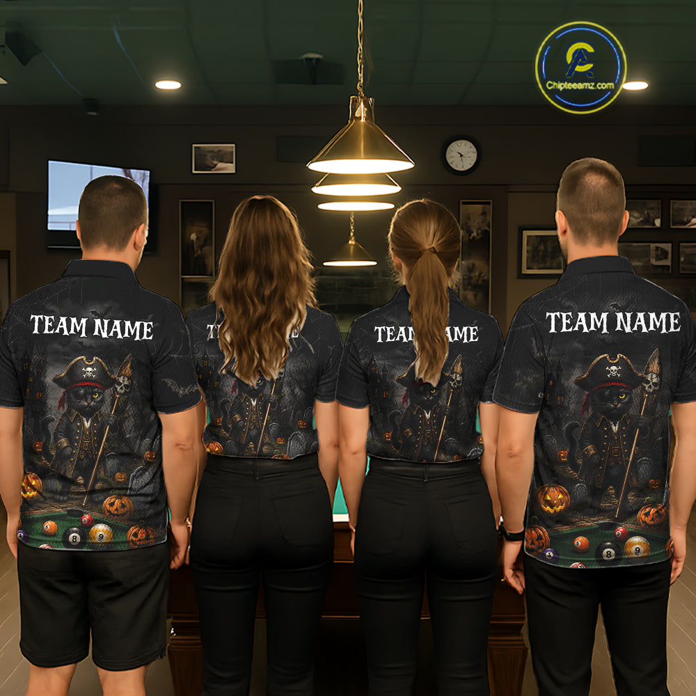 Halloween Pool Billiard Polo 1/4-Zip Shirt Custom Pirate Cat 8 & 9 Ball Jersey, Billiards Shirt For Women NYN4246