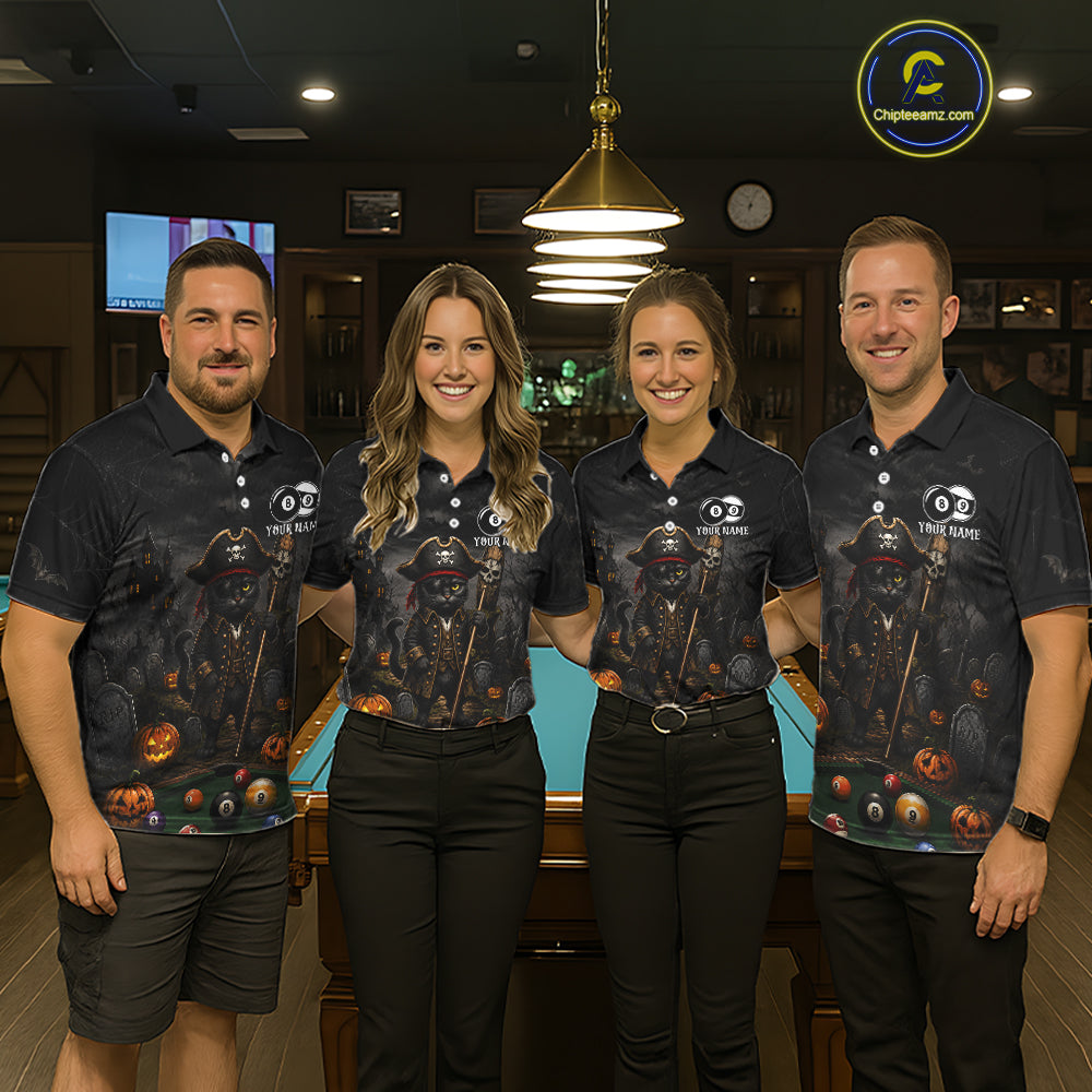 Halloween Pool Billiard Polo 1/4-Zip Shirt Custom Pirate Cat 8 & 9 Ball Jersey, Billiards Shirt For Women NYN4246