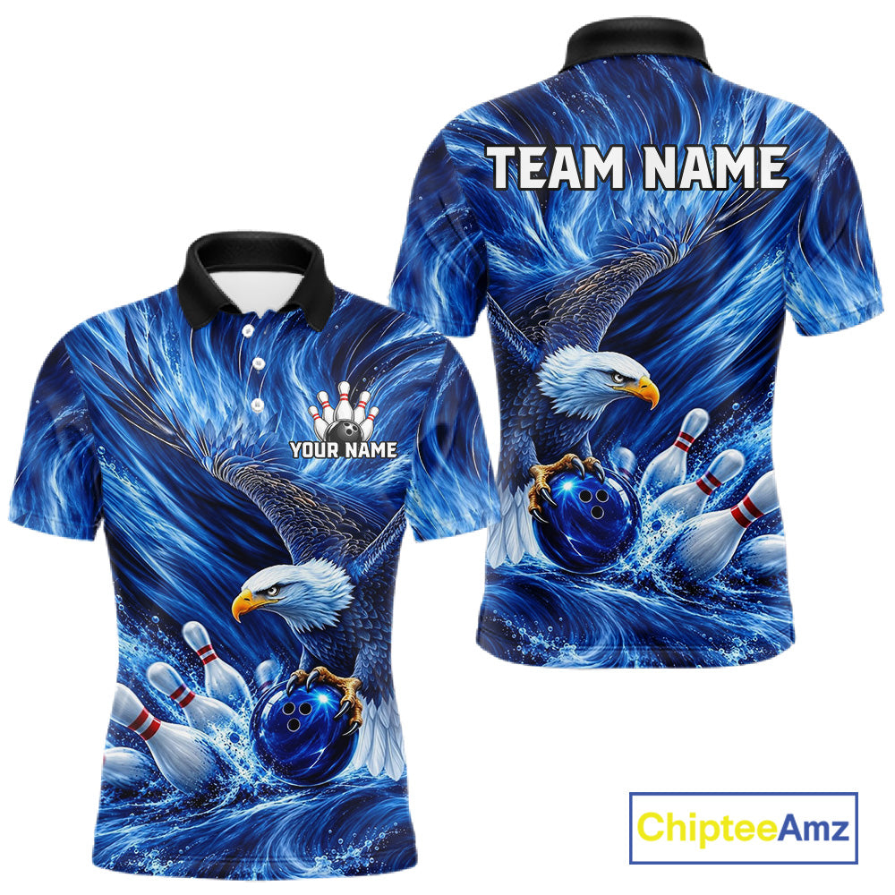 Custom Blue Eagle Water Splash Bowling Polo 1/4-Zip Personalized Bowling League Jersey For Men NYN4632