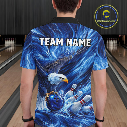 Custom Blue Eagle Water Splash Bowling Polo 1/4-Zip Personalized Bowling League Jersey For Men NYN4632