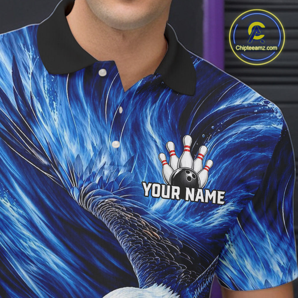 Custom Blue Eagle Water Splash Bowling Polo 1/4-Zip Personalized Bowling League Jersey For Men NYN4632