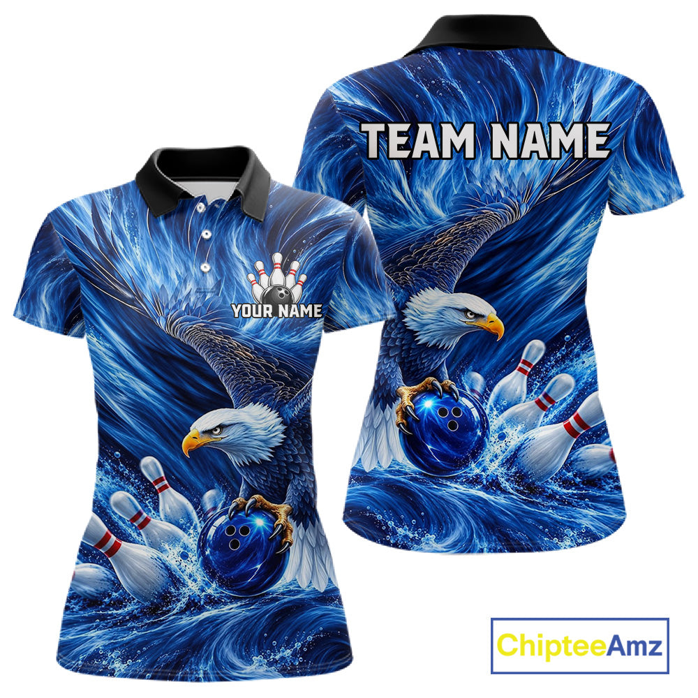 Custom Blue Eagle Water Splash Bowling Polo 1/4-Zip Personalized Bowling League Jersey For Women NYN4632