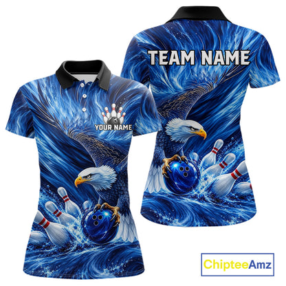 Custom Blue Eagle Water Splash Bowling Polo 1/4-Zip Personalized Bowling League Jersey For Women NYN4632