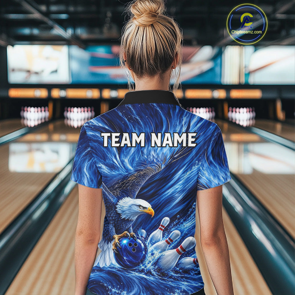 Custom Blue Eagle Water Splash Bowling Polo 1/4-Zip Personalized Bowling League Jersey For Women NYN4632