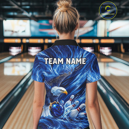 Custom Blue Eagle Water Splash Bowling Polo 1/4-Zip Personalized Bowling League Jersey For Women NYN4632