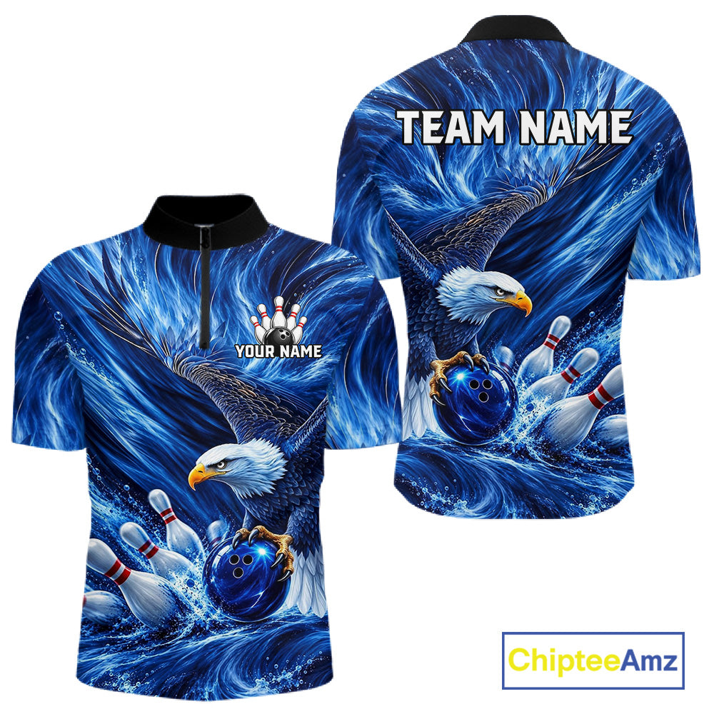 Custom Blue Eagle Water Splash Bowling Polo 1/4-Zip Personalized Bowling League Jersey For Men NYN4632