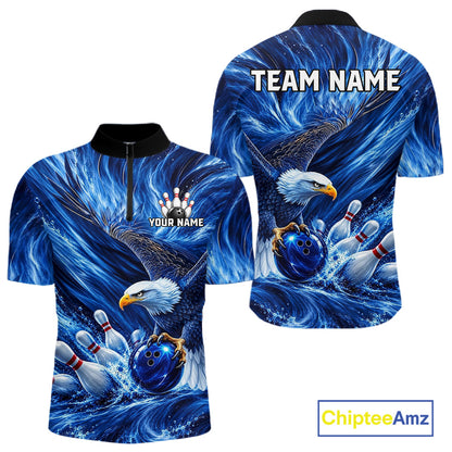 Custom Blue Eagle Water Splash Bowling Polo 1/4-Zip Personalized Bowling League Jersey For Men NYN4632