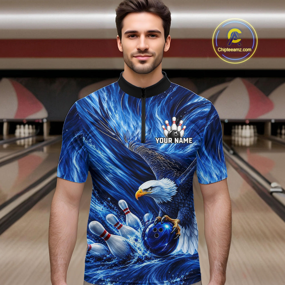 Custom Blue Eagle Water Splash Bowling Polo 1/4-Zip Personalized Bowling League Jersey For Men NYN4632
