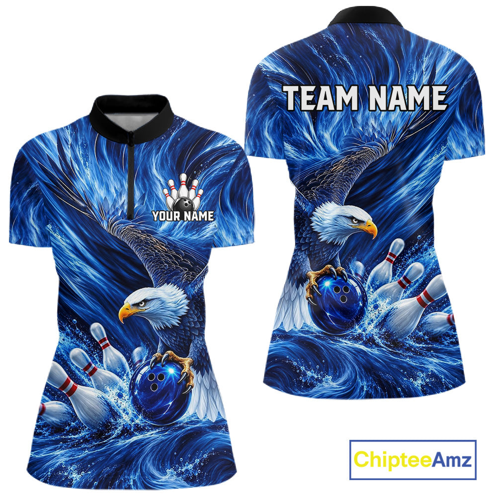 Custom Blue Eagle Water Splash Bowling Polo 1/4-Zip Personalized Bowling League Jersey For Women NYN4632