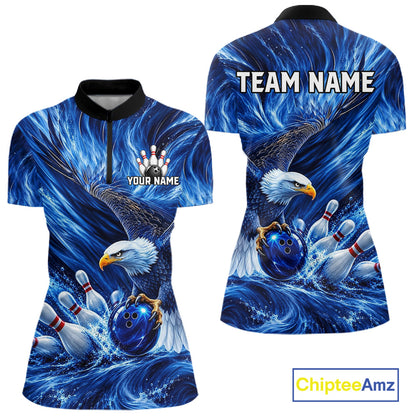 Custom Blue Eagle Water Splash Bowling Polo 1/4-Zip Personalized Bowling League Jersey For Women NYN4632