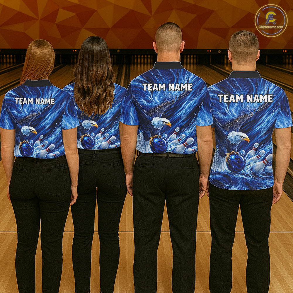 Custom Blue Eagle Water Splash Bowling Polo 1/4-Zip Personalized Bowling League Jersey For Men NYN4632