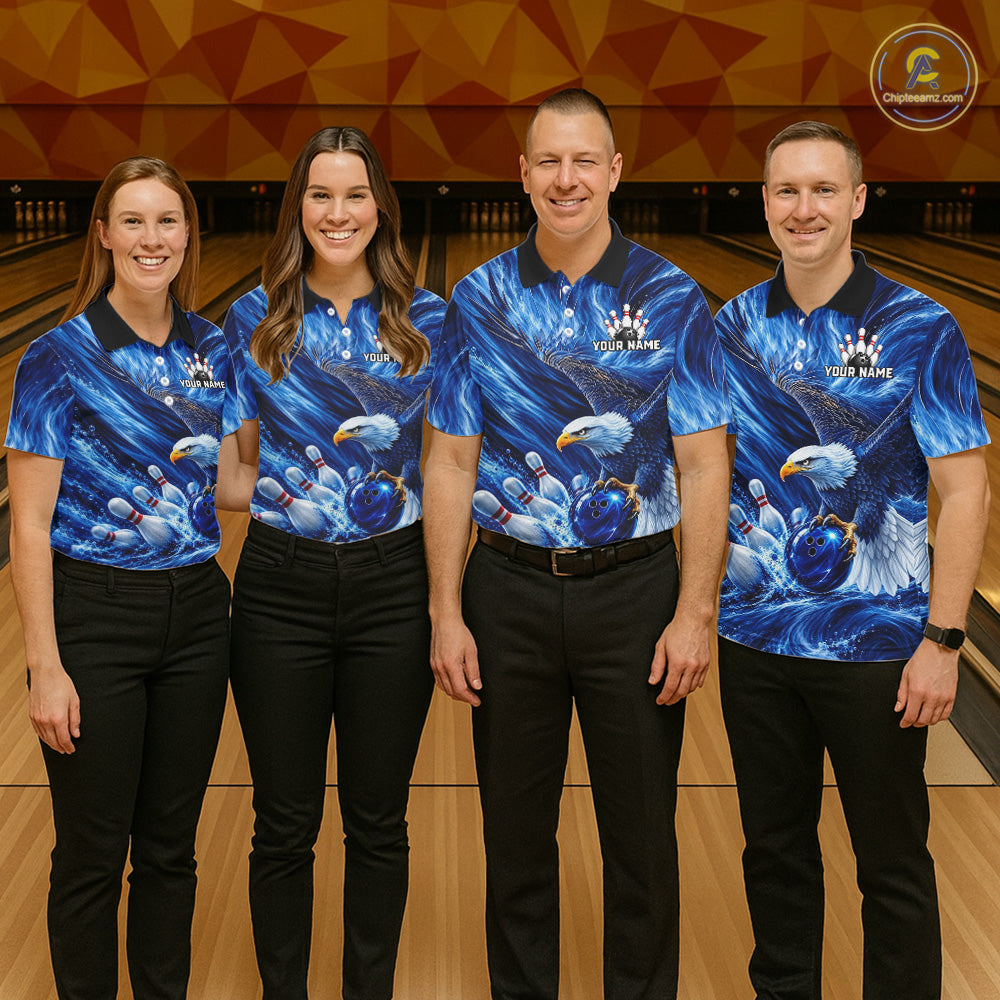 Custom Blue Eagle Water Splash Bowling Polo 1/4-Zip Personalized Bowling League Jersey For Men NYN4632