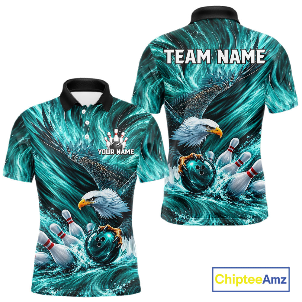 Custom Teal Eagle Water Splash Bowling Polo 1/4-Zip Personalized Bowling League Jersey For Men NYN4633