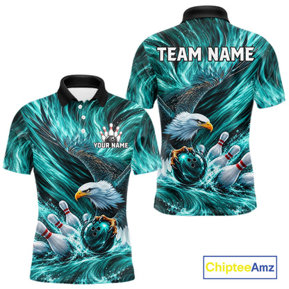 Custom Teal Eagle Water Splash Bowling Polo 1/4-Zip Personalized Bowling League Jersey For Men NYN4633