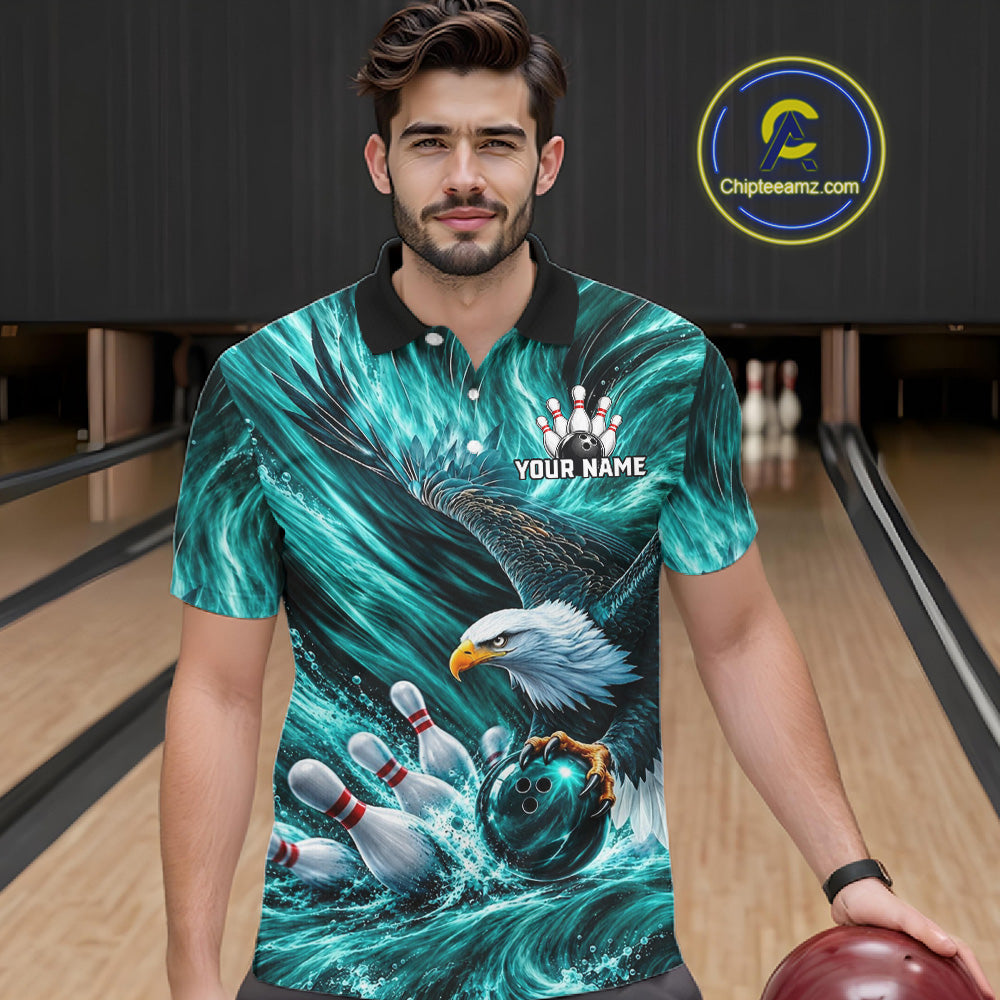 Custom Teal Eagle Water Splash Bowling Polo 1/4-Zip Personalized Bowling League Jersey For Men NYN4633