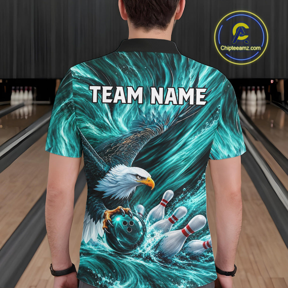 Custom Teal Eagle Water Splash Bowling Polo 1/4-Zip Personalized Bowling League Jersey For Men NYN4633