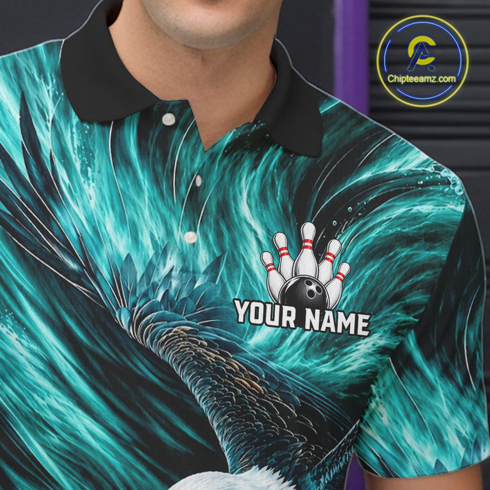 Custom Teal Eagle Water Splash Bowling Polo 1/4-Zip Personalized Bowling League Jersey For Men NYN4633